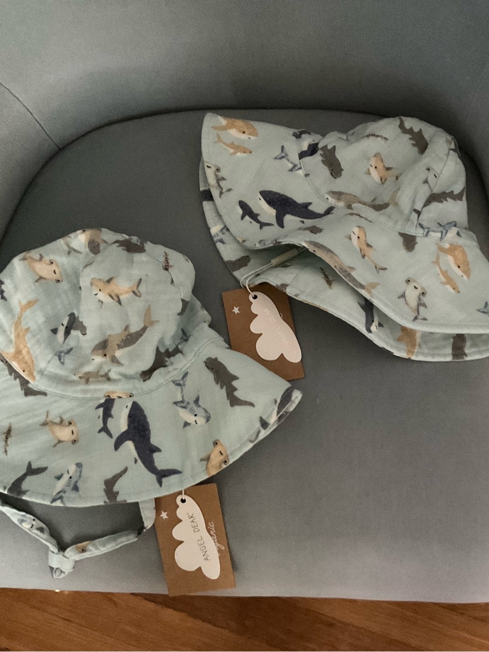 Kids Shark Print Sun Hats - Light Aqua - twins
